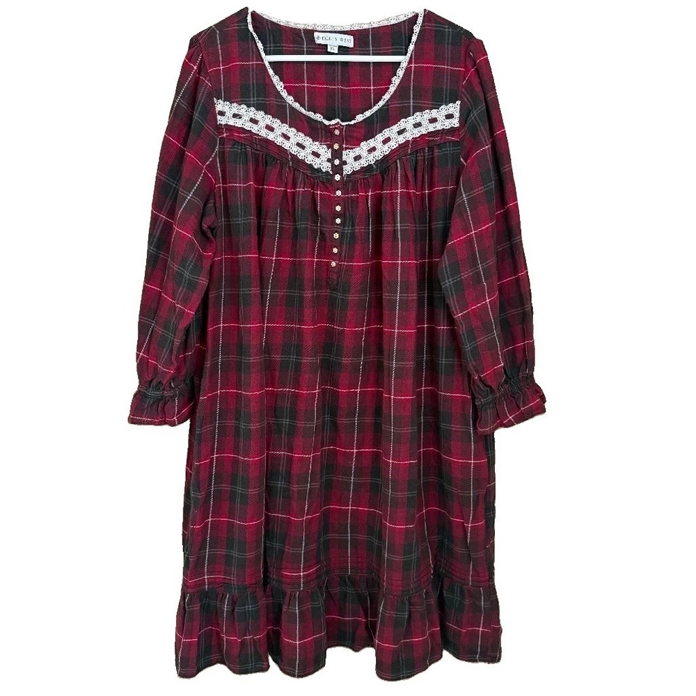 Eileen West LS Red Flannel Plaid Nightgown Sz XL Lace Ruffle Pockets Cottagecore